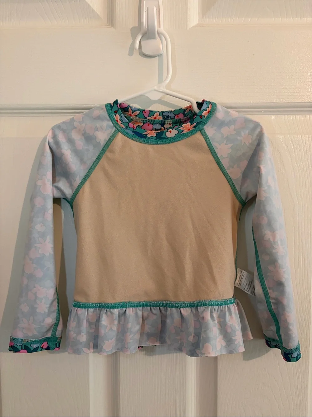 Tea Collection Teal Rashguard W/Ruffle Bottom - Teal, Pink, & Peach Floral - 2T